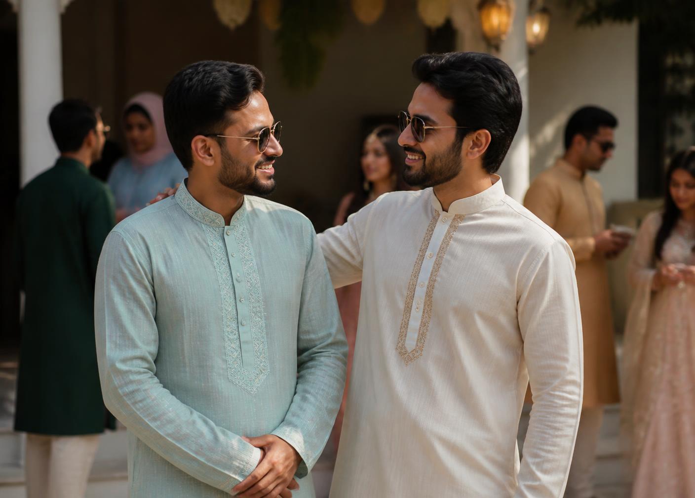 Two men in tailored Panjabi at a family gathering
